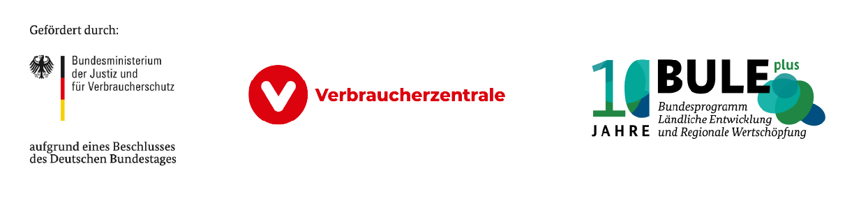 Logo von der Bundesministerium der Justiz und für Verbraucherschutz
            (BMJV), der Verbraucherzentrale und des Bundesprogramms Ländliche Entwicklung und regionale
            Wertschöpfung (BULE+).